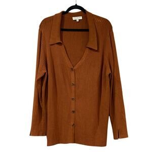 Espresso Ribbed Collared Knit Top 3X Soft Office Coquette Stretch Chic Plus Size